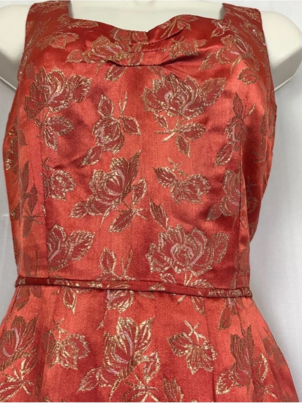 Vintage 60s Brocade Metallic Midi Column Sleeveless Floral Cocktail Dress - Picture 4 of 9
